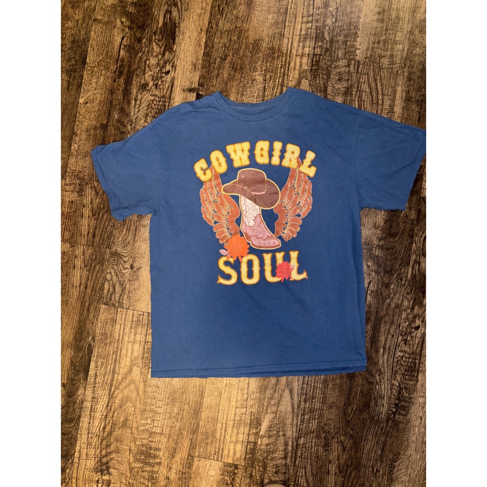 Take That Cowgirl Soul Graphic T-Shirt Blue Western Boot Wings Size Large